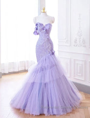 Purple Mermaid Sweetheart Neck Tulle Beaded Long Semi Formal Prom Dress Strapless Sequin Applique Wedding Dress