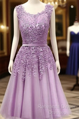 Purple Round Neckline Tulle Short Beaded Lace Knee Length Homecoming Dress