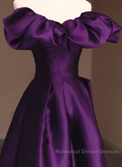Purple Satin A-Line Off Shoulder Long Evening Dress, Purple Satin Semi Formal Prom Dress