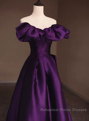 Purple Satin A-Line Off Shoulder Long Evening Dress, Purple Satin Semi Formal Prom Dress
