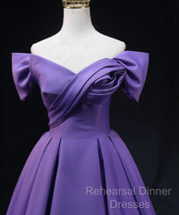 Purple Satin A-Line Off Shoulder Long Party Dress, Purple Evening Dress Semi Formal Prom Dress