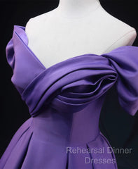 Purple Satin A-Line Off Shoulder Long Party Dress, Purple Evening Dress Semi Formal Prom Dress