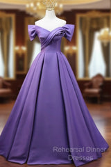 Purple Satin A-Line Off Shoulder Long Party Dress, Purple Evening Dress Semi Formal Prom Dress