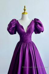 Purple Satin A-Line Short Sleeves Long Formal Dress, Purple Evening Dress Semi Formal Prom Dress