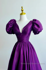 Purple Satin A-Line Short Sleeves Long Formal Dress, Purple Evening Dress Semi Formal Prom Dress