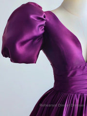Purple Satin A-Line Short Sleeves Long Formal Dress, Purple Evening Dress Semi Formal Prom Dress