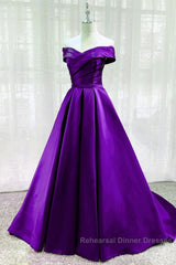 Purple Satin Sweetheart Long Party Dress Semi Formal Prom Dress, Off Shoulder Purple Evening Dress