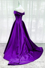 Purple Satin Sweetheart Long Party Dress Semi Formal Prom Dress, Off Shoulder Purple Evening Dress