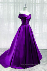 Purple Satin Sweetheart Long Party Dress Semi Formal Prom Dress, Off Shoulder Purple Evening Dress