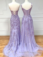 Purple sweetheart neck lace long Semi Formal Prom Dresses, lace formal graduation Dresses