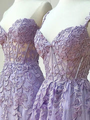 Purple sweetheart neck lace long Semi Formal Prom Dresses, lace formal graduation Dresses