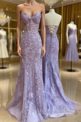 Purple sweetheart neck tulle lace mermaid long Semi Formal Prom Dresses