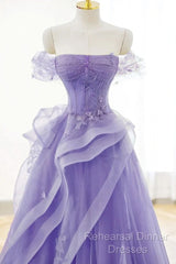 Purple Sweetheart Off Shoulder Tulle Long Party Dress, Purple Tulle Semi Formal Prom Dress