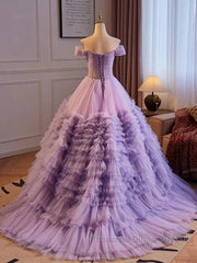 Purple Sweetheart Tulle Layers Sweet 16 Dress Long Semi Formal Prom Dress A Line Off Shoulder Solid Color