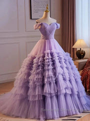 Purple Sweetheart Tulle Layers Sweet 16 Dress Long Semi Formal Prom Dress A Line Off Shoulder Solid Color