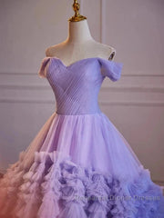 Purple Sweetheart Tulle Layers Sweet 16 Dress Long Semi Formal Prom Dress A Line Off Shoulder Solid Color