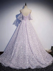 Purple Tulle A Line Long Semi Formal Prom Dress Formal Dress With Flowers December Wedding Guest Dress