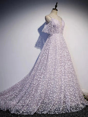 Purple Tulle A Line Long Semi Formal Prom Dress Formal Dress With Flowers December Wedding Guest Dress