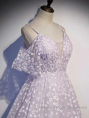 Purple Tulle A Line Long Semi Formal Prom Dress Formal Dress With Flowers December Wedding Guest Dress