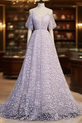 Purple Tulle A Line Long Semi Formal Prom Dress Formal Dress With Flowers December Wedding Guest Dress