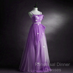 Purple Tulle A-Line Straps Long Formal Dress, Purple Floor Length Semi Formal Prom Dress