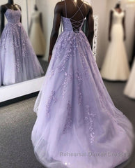 Purple tulle lace long Semi Formal Prom Dresses lace tulle formal Dresses