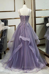 Purple Tulle Layers Long Formal Gown Lace Applique Party Dress A Line Floor Length Semi Formal Prom Dress