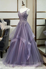 Purple Tulle Layers Long Formal Gown Lace Applique Party Dress A Line Floor Length Semi Formal Prom Dress
