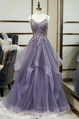 Purple Tulle Layers Long Formal Gown Lace Applique Party Dress A Line Floor Length Semi Formal Prom Dress