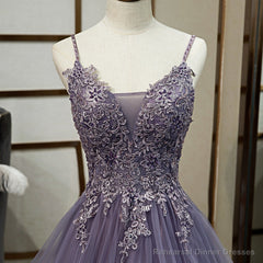 Purple Tulle Layers Long Formal Gown, Lace Applique Top Party Dress
