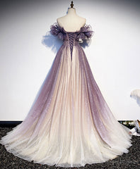 Purple Tulle Sequin Long Prom Dress, Purple Formal Graduation Dress