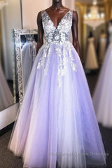 Purple v neck lace applique long Semi Formal Prom Dresses purple formal Dresses