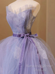 Purple V Neck Tulle Lace Long Semi Formal Prom Dress, Purple Formal Sweet 16 Dress