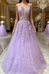Purple v neck tulle lace long Semi Formal Prom Dresses purple lace formal Dresses