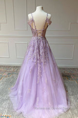 Purple v neck tulle lace long Semi Formal Prom Dresses purple lace formal Dresses