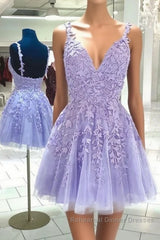 Purple v neck tulle lace short Semi Formal Prom Dresses lace cocktail Dresses
