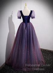 Purple Velvet And Tulle Short Sleeves Evening Dress, Purple A-Line Formal Dress Semi Formal Prom Dress