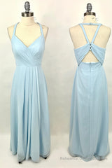 Halter Light Blue Chiffon A-line Long Bridesmaid Dress