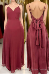 Ruffle Straps Burgundy Chiffon A-line Long Bridesmaid Dress