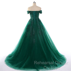 Real Off Shoulder Green Semi Formal Prom Dresses Beaded Appliques Emerald Quince Dress