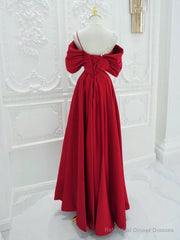 Red A-Line Off Shoulder Satin Long Prom Dress, Red Long Formal Dress