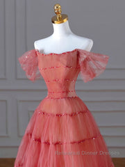Red Aline Tulle Long Semi Formal Prom Dresses, Red Tulle Formal Graduation Dresses With Beading Sequin