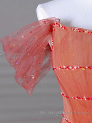 Red Aline Tulle Long Semi Formal Prom Dresses, Red Tulle Formal Graduation Dresses With Beading Sequin
