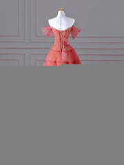 Red Aline Tulle Long Semi Formal Prom Dresses, Red Tulle Formal Graduation Dresses With Beading Sequin