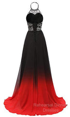 Red And Black Halter Beaded Chiffon Party Dress, A-Line Gradient Evening Dress