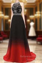 Red And Black Halter Beaded Chiffon Party Dress, A-Line Gradient Evening Dress
