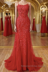 Red Backless Lace Semi Formal Prom Dresses, Red Open Back Lace Formal Evening Dresses