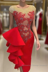 Red Evening Dresses Long Lace Applique Mermaid Modest Beaded Elegant Sexy Semi Formal Prom Dress Evening Dress