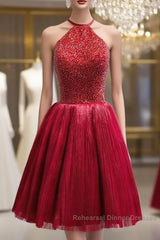 Red Halter Beaded Short Party Dress, Beaded And Sequined Party Dress, Homecoming Dresses