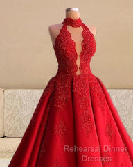 Red Lace Halter Ball Gown Satin Dress
